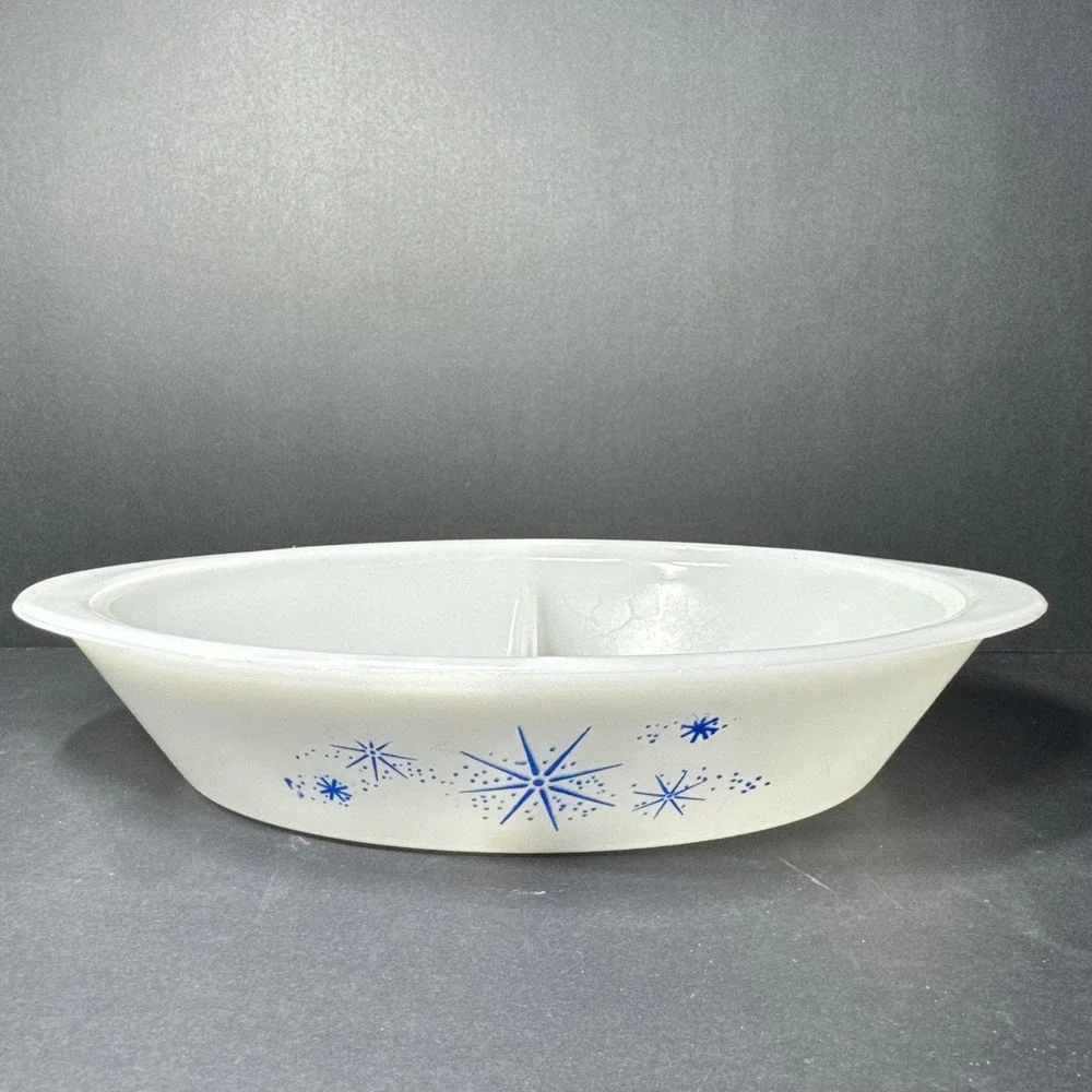Vintage Glasbake‎ Blue Starburst Divided Serving Dish Milk Glass Oval MCM Bowl
